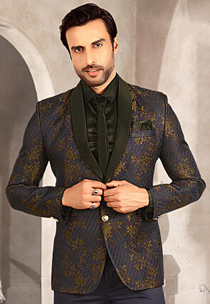 Woven Terry Rayon Jacquard Tuxedo in Navy Blue