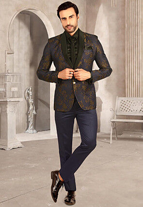 Woven Terry Rayon Jacquard Tuxedo in Navy Blue
