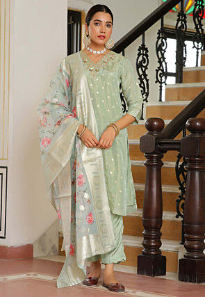 Woven Tissue Brocade Pakistani Suit in Dusty Green