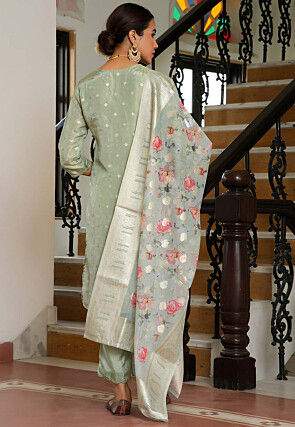 Woven Tissue Brocade Pakistani Suit in Dusty Green
