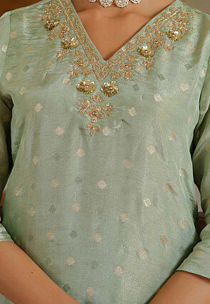 Woven Tissue Brocade Pakistani Suit in Dusty Green