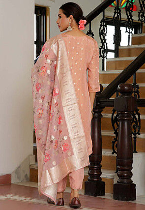 Woven Tissue Brocade Pakistani Suit in Peach
