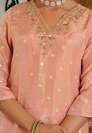 Woven Tissue Brocade Pakistani Suit in Peach