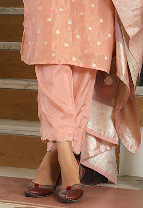 Woven Tissue Brocade Pakistani Suit in Peach