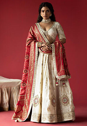 Woven Tissue Jacquard Lehenga in Off White