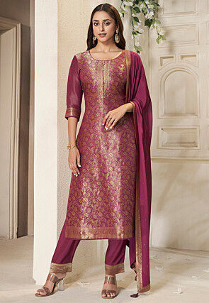 Woven Tissue Jacquard Pakistani Suit in Magenta