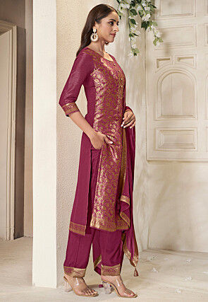 Woven Tissue Jacquard Pakistani Suit in Magenta