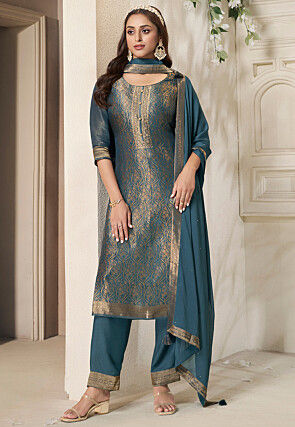 Woven Tissue Jacquard Pakistani Suit in Teal Blue