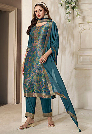 Woven Tissue Jacquard Pakistani Suit in Teal Blue
