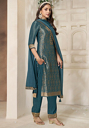 Woven Tissue Jacquard Pakistani Suit in Teal Blue