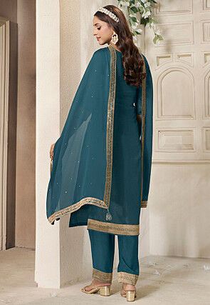 Woven Tissue Jacquard Pakistani Suit in Teal Blue