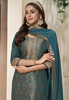Woven Tissue Jacquard Pakistani Suit in Teal Blue