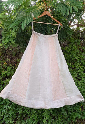 Woven Tissue Jacquard Panelled Skirt in Off White and Peach
