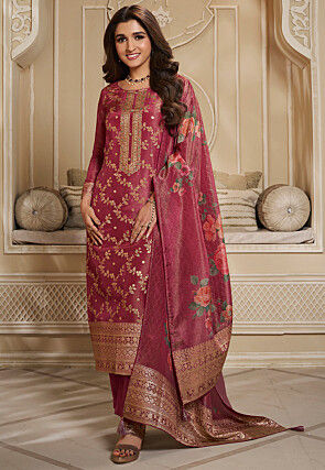 Woven Tissue Pakistani Suit in Old Rose
