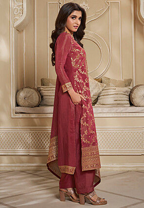 Woven Tissue Pakistani Suit in Old Rose