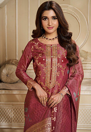 Woven Tissue Pakistani Suit in Old Rose
