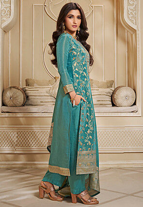 Woven Tissue Pakistani Suit in Teal Blue
