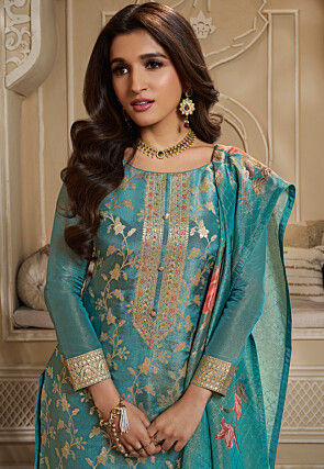 Woven Tissue Pakistani Suit in Teal Blue