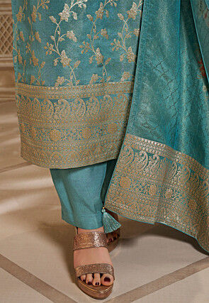 Woven Tissue Pakistani Suit in Teal Blue