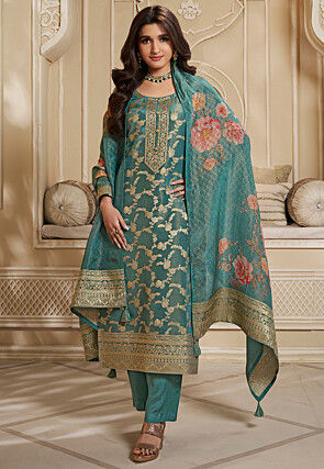 Woven Tissue Pakistani Suit in Teal Green