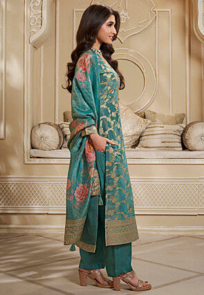 Woven Tissue Pakistani Suit in Teal Green