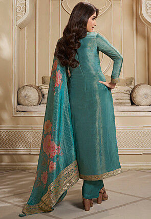 Woven Tissue Pakistani Suit in Teal Green