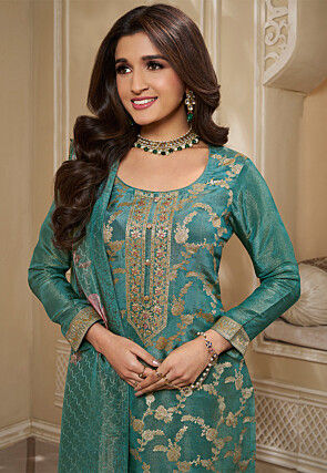 Woven Tissue Pakistani Suit in Teal Green