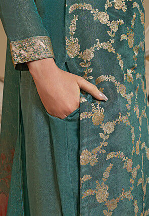 Woven Tissue Pakistani Suit in Teal Green