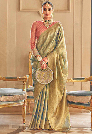Woven Tissue Saree in Blue and Golden