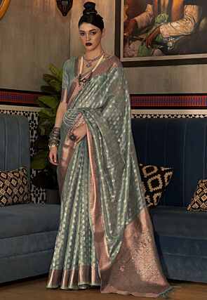 Woven Tissue Saree in Dusty Green