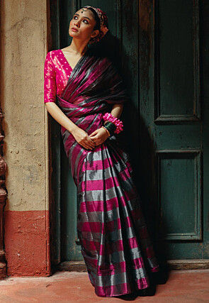 Woven Tissue Saree in Magenta and Grey