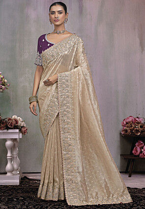 Embroidered Tissue Scalloped Saree in Beige