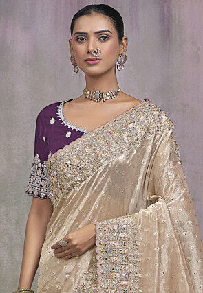 Embroidered Tissue Scalloped Saree in Beige