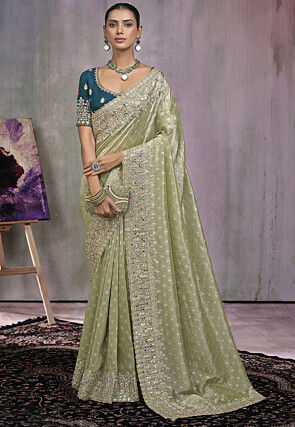 Embroidered Tissue Scalloped Saree in Light Green