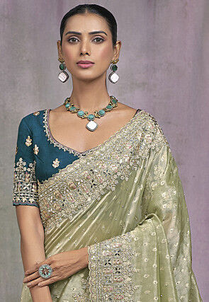 Embroidered Tissue Scalloped Saree in Light Green