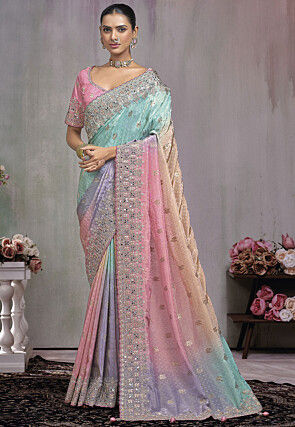Embroidered Tissue Scalloped Saree in Multicolor