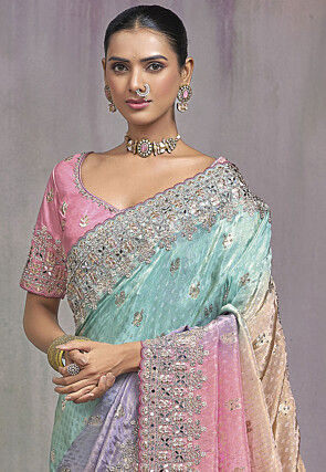 Embroidered Tissue Scalloped Saree in Multicolor