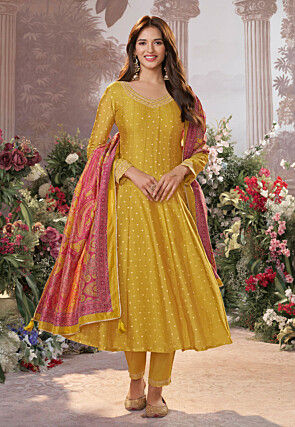 Woven Tissue Silk Anarkali Suit in Yellow