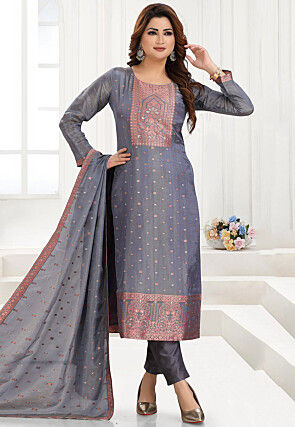 Woven Tissue Silk Jacquard Pakistani Suit in Grey