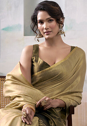 Woven Tissue Silk Saree in Beige