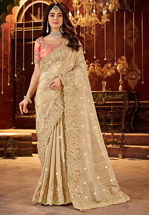 Woven Tissue Silk Scalloped Saree in Beige