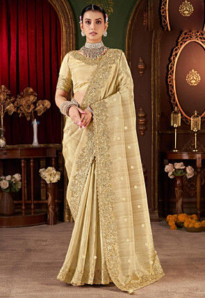 Woven Tissue Silk Scalloped Saree in Beige