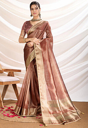 Woven Tissue Silk Saree in Brown