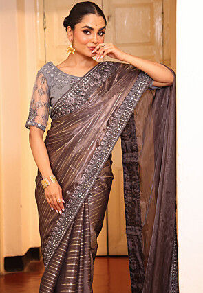 Woven Tissue Silk Saree in Brown
