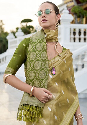 Woven Tissue Silk Saree in Dusty Green