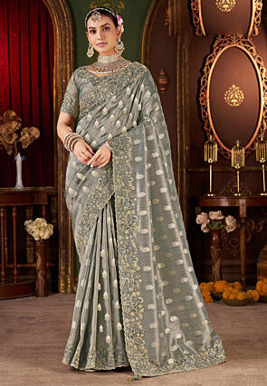 Woven Tissue Silk Scalloped Saree in Grey