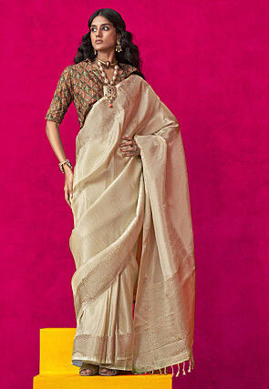 Woven Tissue Silk Saree in Light Beige