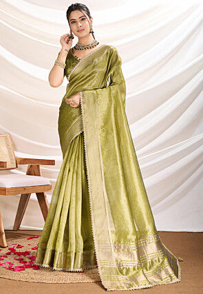 Woven Tissue Silk Saree in Light Olive Green