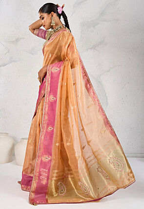 Woven Tissue Silk Saree in Light Orange