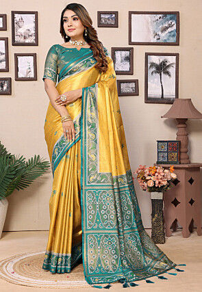 Woven Tissue Silk Saree in Mustard